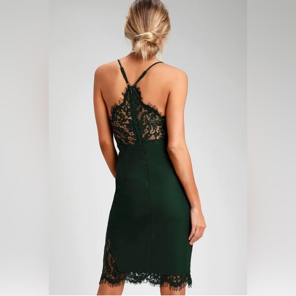 Lulu’s Dark Green Dress with Lace Detailing Size Small - Picture 2 of 6